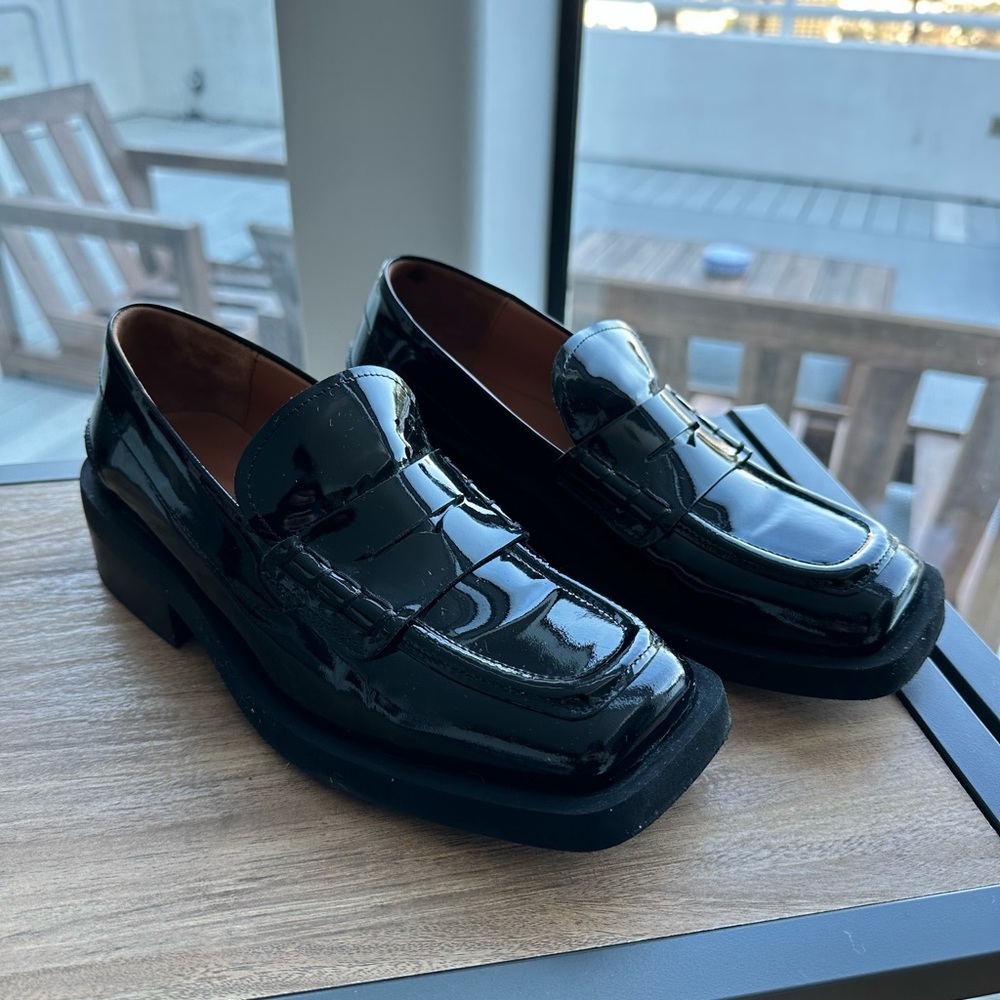 GANNI Patent Leather Square Toe Loafers